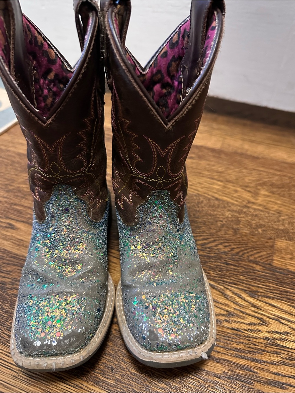 Girls Glitter Western Boots with Brown Shaft and Pink Leopard Lining